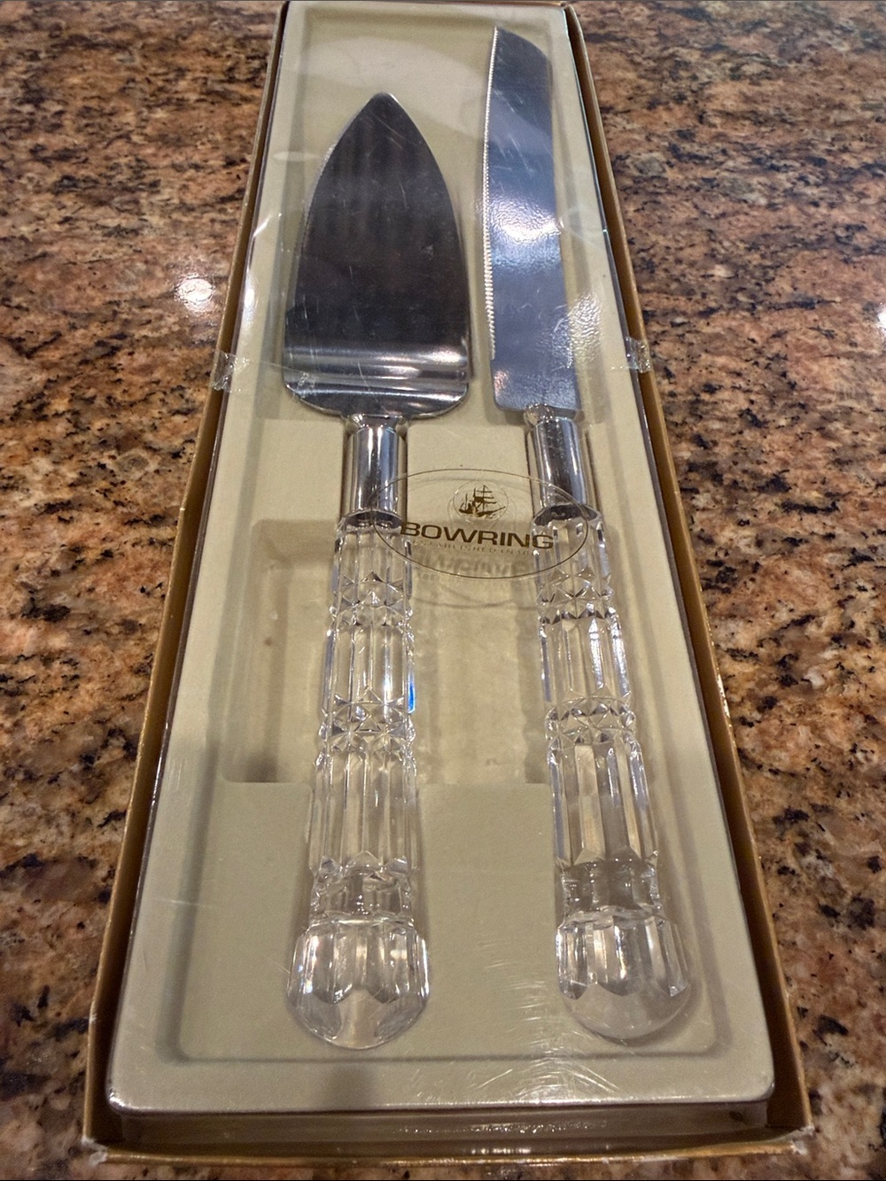 NIB Clear Handle Cake Server & Knife Set - Wedding, Anniversary Bowring